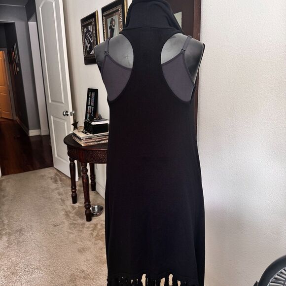 TASI Malibu Hooded Cardigan Black Boho Festival Open Front Sleeveless Duster M - Picture 8 of 9